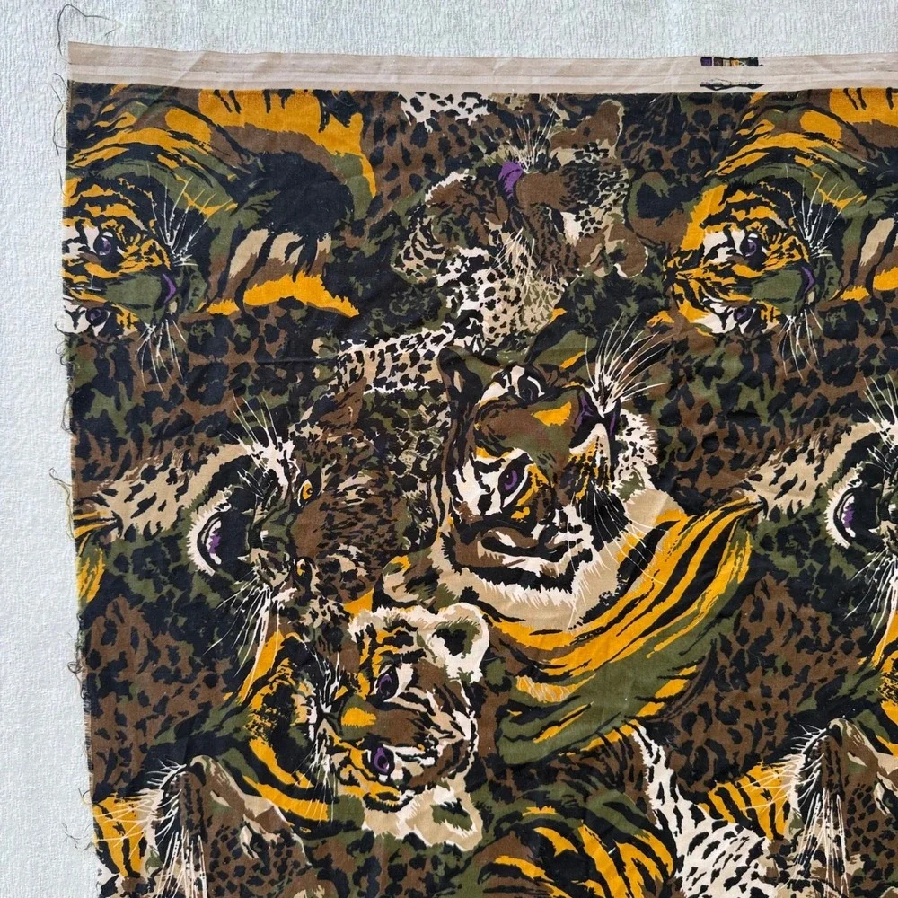 Vintage Jungle Animal Print Fabric Panel Tigers Leopards Upholstery 32x61 80's